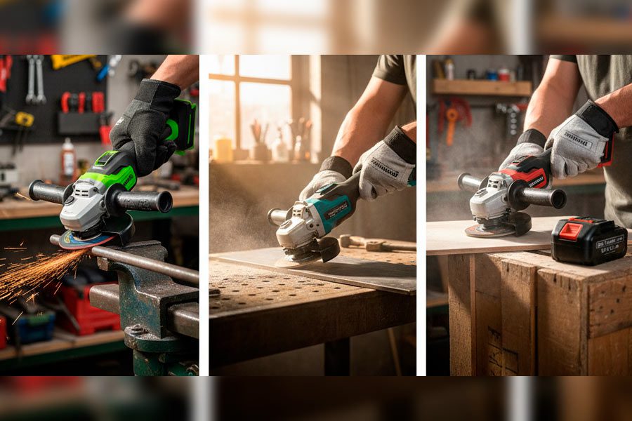 Современная угловая шлифмашина обрабатывает металлическую поверхность, представлена на фоне мастерской