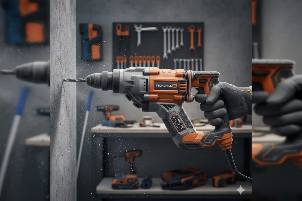 Современный перфоратор с антивибрационной системой, работающий с бетонной стеной