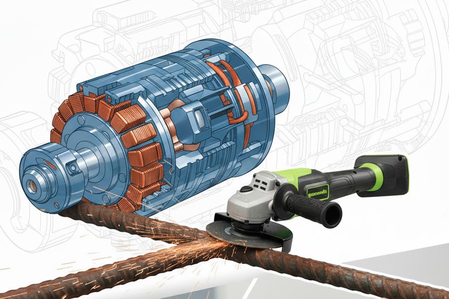 Угловая шлифовальная машинка шлифует металлическую деталь в мастерской с летящими искрами