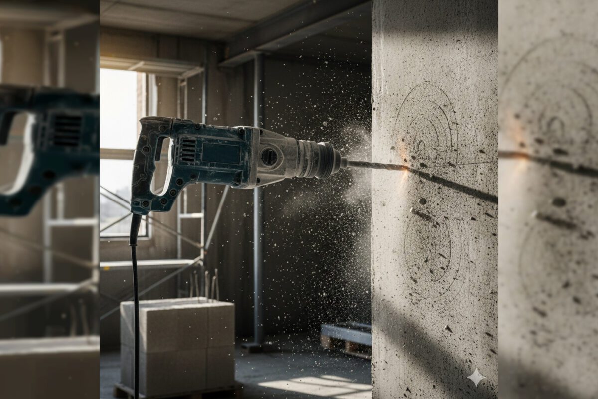 Демонстрация работы перфоратора в действии Перфоратор используется для сверления betonной стены, крупный план