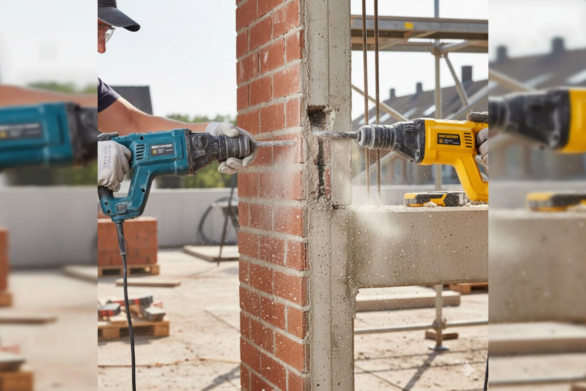 Двухрежимный перфоратор в работе Двухрежимный перфоратор показывает использование в режиме сверления и ударного сверления на строительной площадке