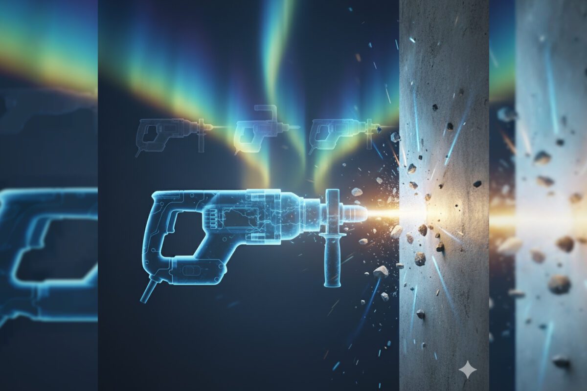 Электрический перфоратор делает отверстие в бетонной стене