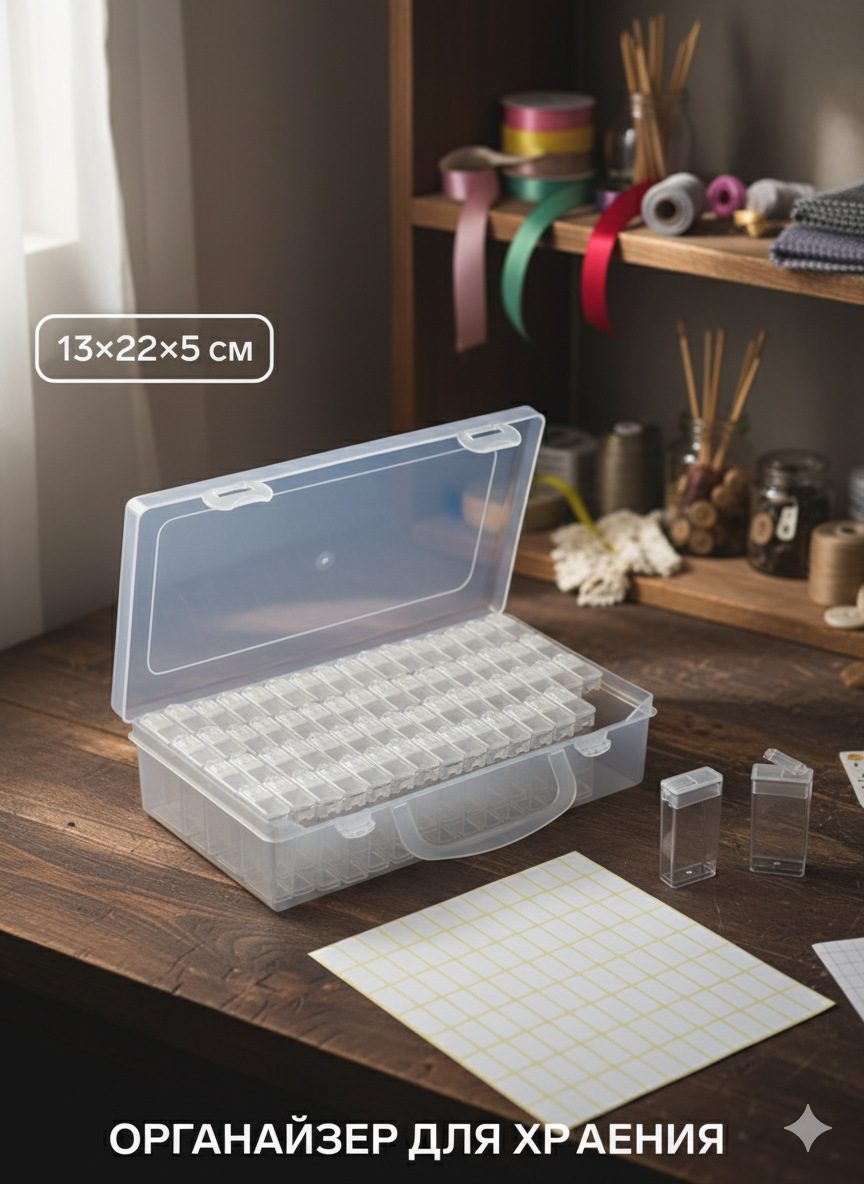 Пластиковый контейнер с 64 отделениями и баночками, идеально подходящий для хранения бисера, бусин и мелких вещей