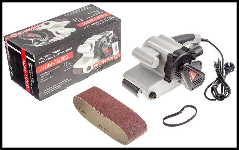 Ленточная шлифовальная машина Интерскол ЛШМ-76/900 с коробкой, шлифовальной лентой и ремнем