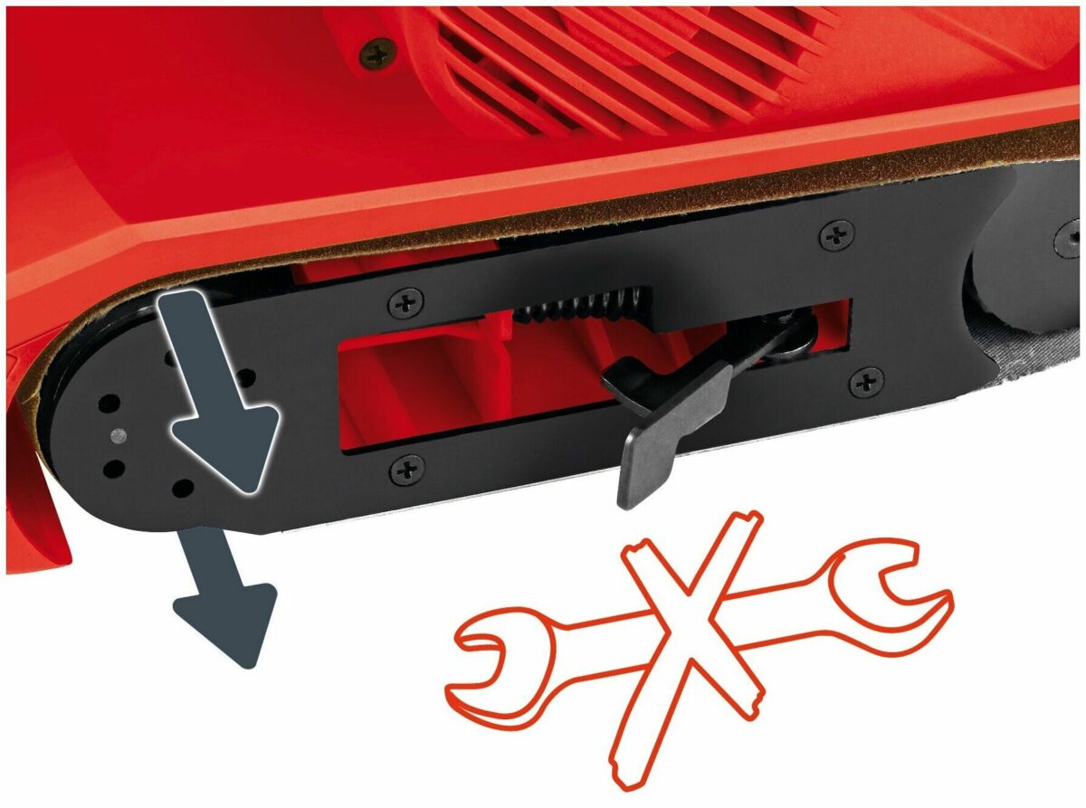 Ленточная шлифовальная машина с системой натяжения и замены ленты без инструментов, с видимым крест-ключом и вентиляционными отверстиями