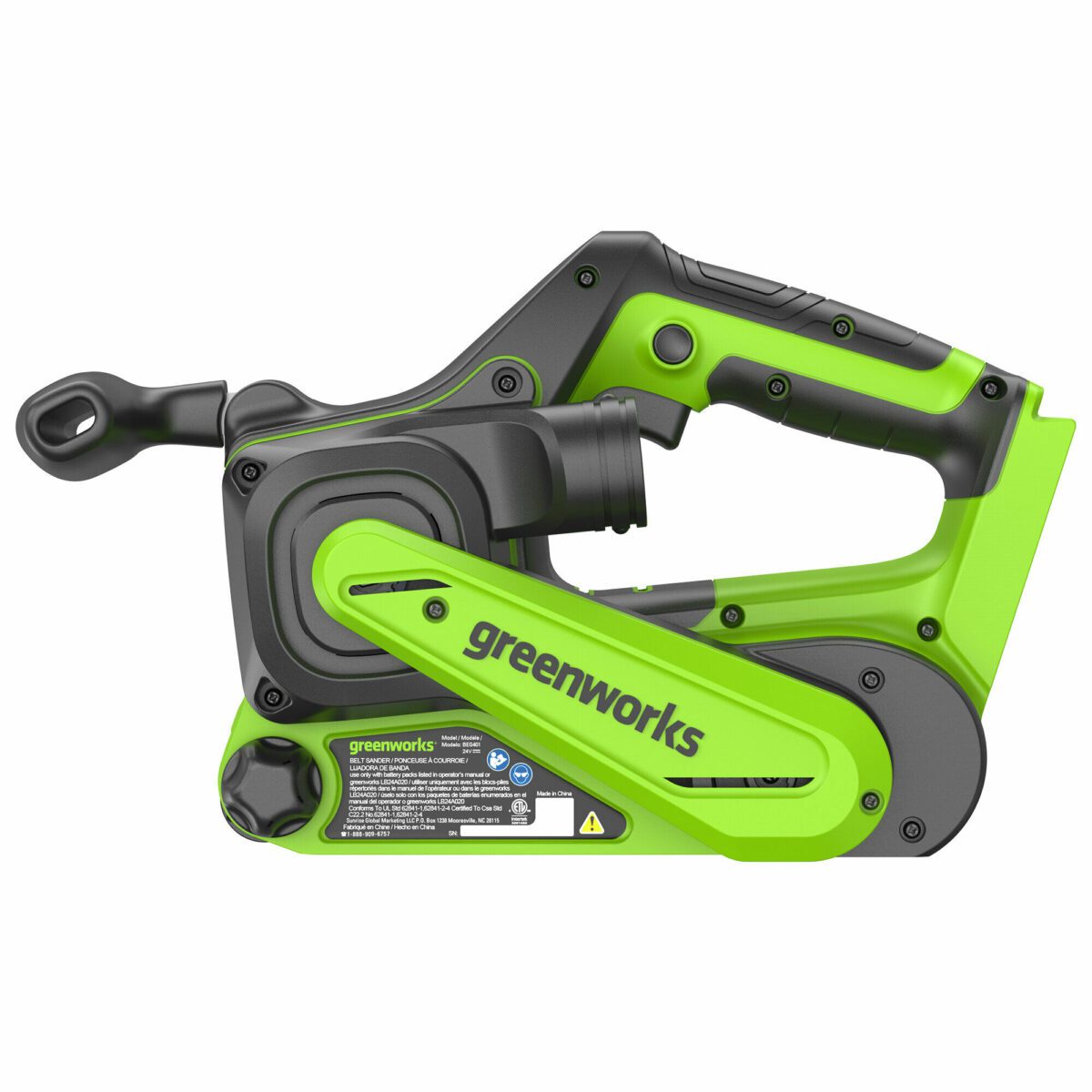 Компактная аккумуляторная цепная пила Greenworks с зеленым пластиковым корпусом, черными элементами и защитными механизмами