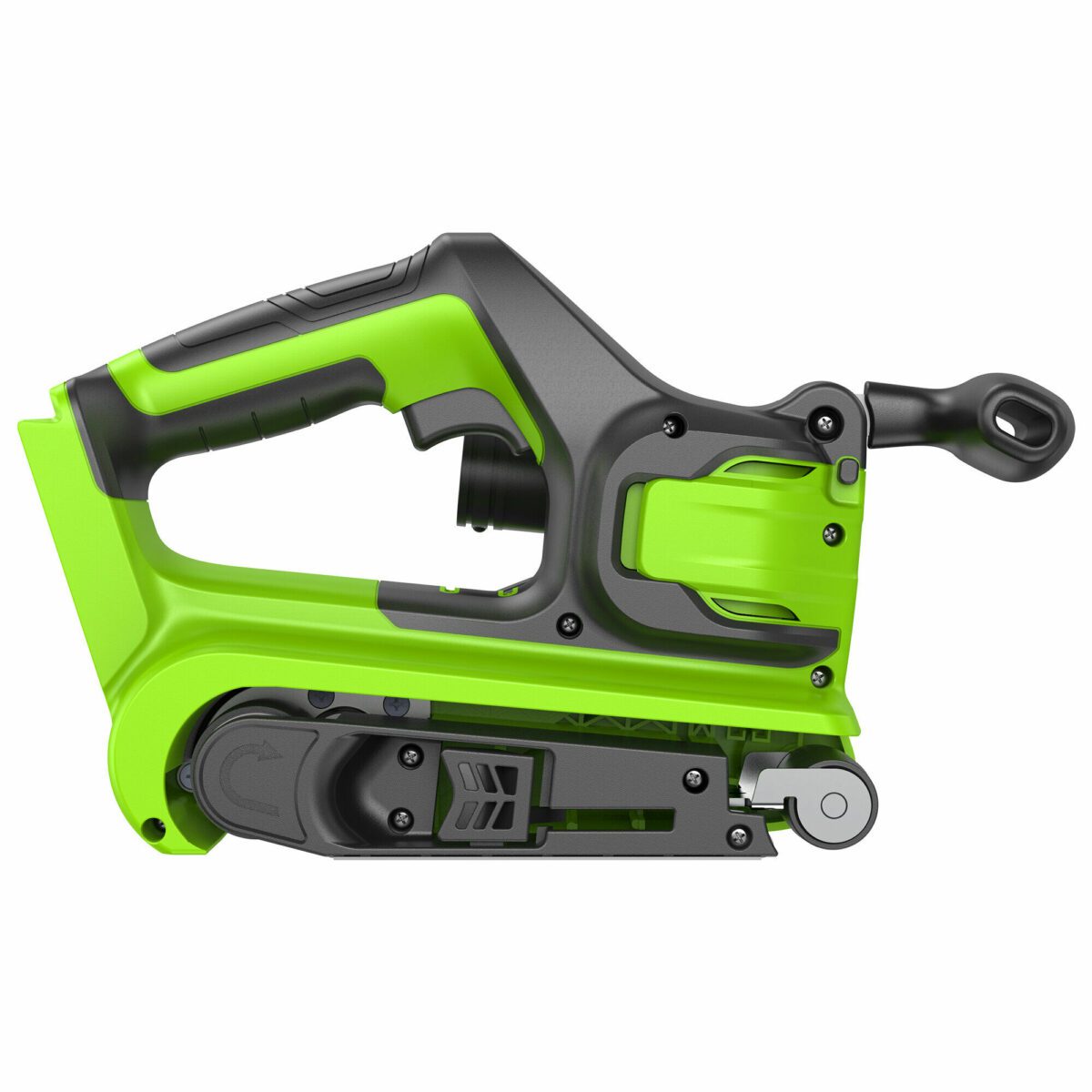 Зелёно-чёрный электрический ленточный шлифовальный станок с прорезиненной ручкой, пылесборником и регулировкой роликов