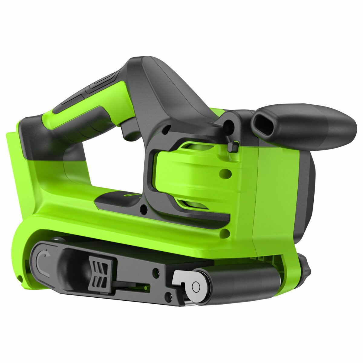 Зеленая ленточная шлифовальная машина с черными элементами, эргономичной ручкой и отверстием для пылеудаления