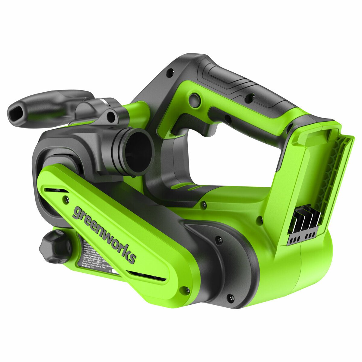 Зеленая аккумуляторная сабельная пила Greenworks с черными элементами и портом для аккумулятора