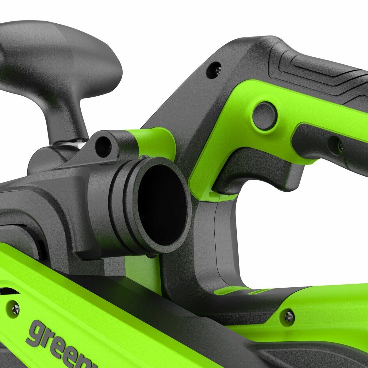 Часть корпуса электроинструмента Greenworks с ярко-зеленым и черным дизайном, удобной рукояткой и отверстием для воздуховода