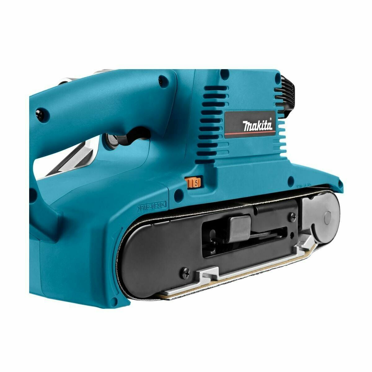 Ленточная шлифовальная машина Makita голубого цвета с вентиляцией, удобной ручкой и шлифовальной лентой