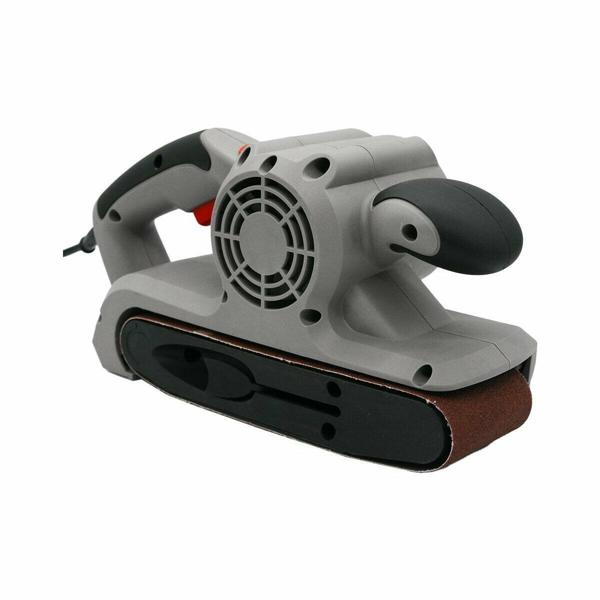 Серое шлифовальное устройство с черными элементами, оснащённое коричневой абразивной лентой и системой охлаждения