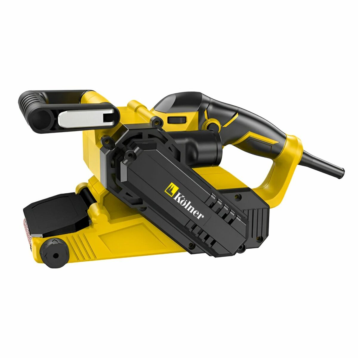 Ленточная шлифовальная машина Kolner, желто-черный корпус, оснащена удобными ручками и проводом питания