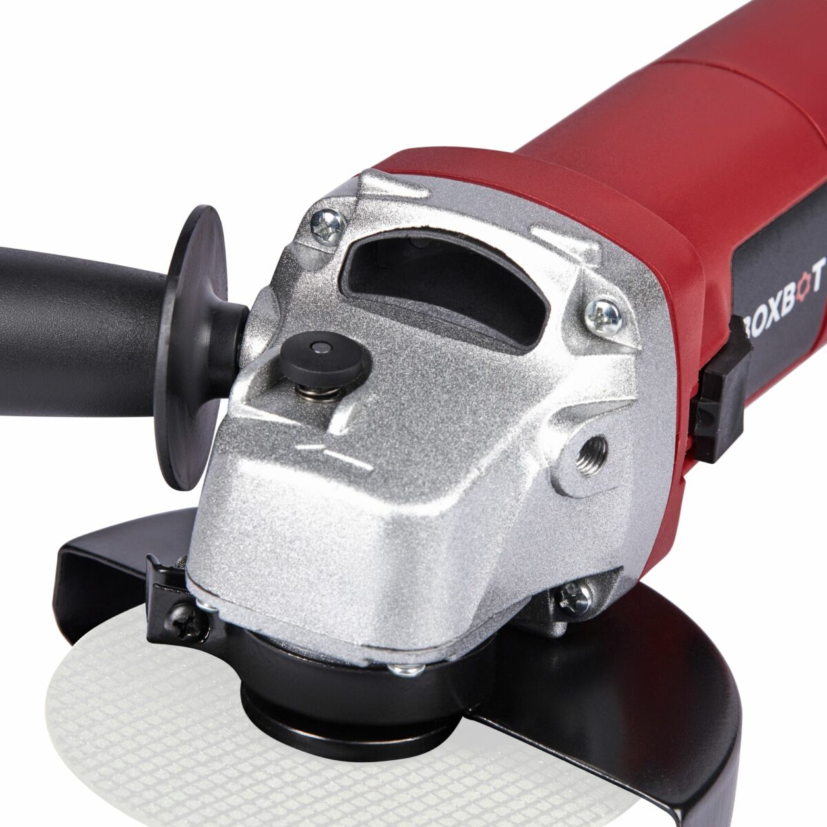 Красная угловая шлифовальная машина ROXBOT с черным держателем, защитным кожухом и фиксирующей кнопкой на редукторе