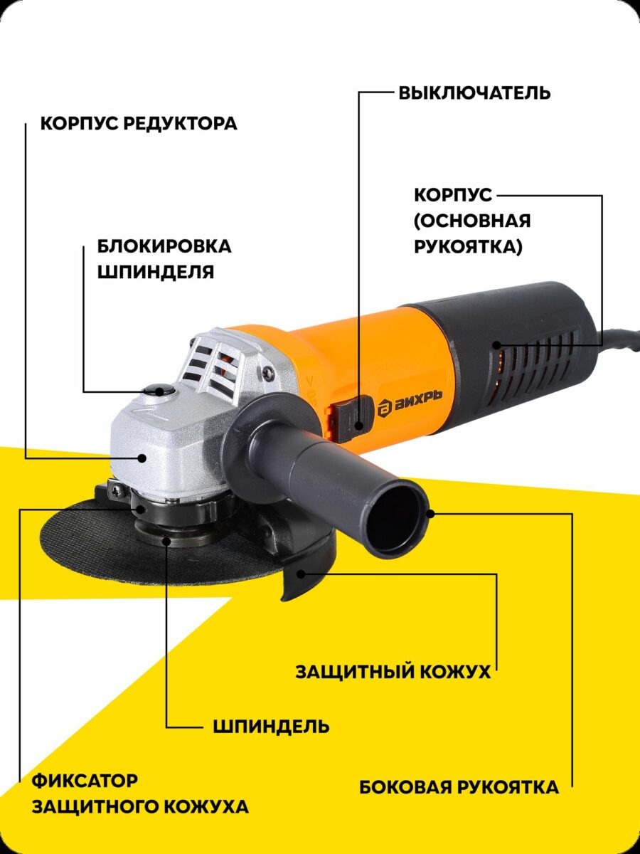 Болгарка (угловая шлифовальная машина) марки Вихрь с основными элементами: блокировка шпинделя, шпиндель, защитный кожух, боковая рукоятка и другие детали