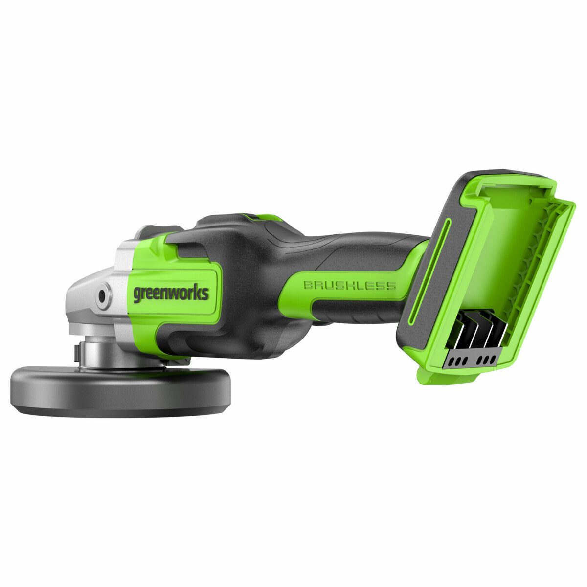 Аккумуляторная углошлифовальная машина Greenworks с черным корпусом, зелеными элементами и бесщеточным двигателем