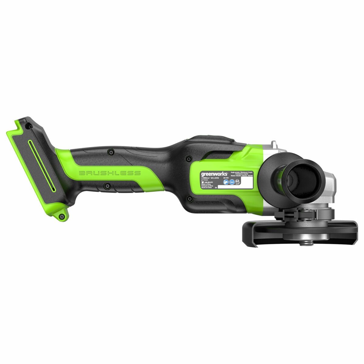 Аккумуляторная угловая шлифмашина Greenworks 24V с бесщеточной технологией, защитным кожухом и прорезиненной рукояткой