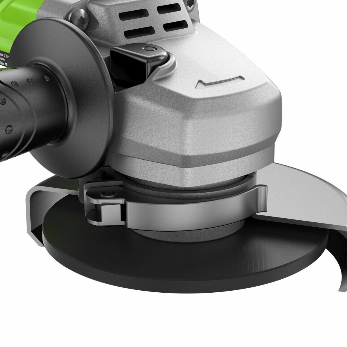 Углошлифовальная машина с защитным кожухом, боковой ручкой и вентиляционной решёткой для охлаждения двигателя