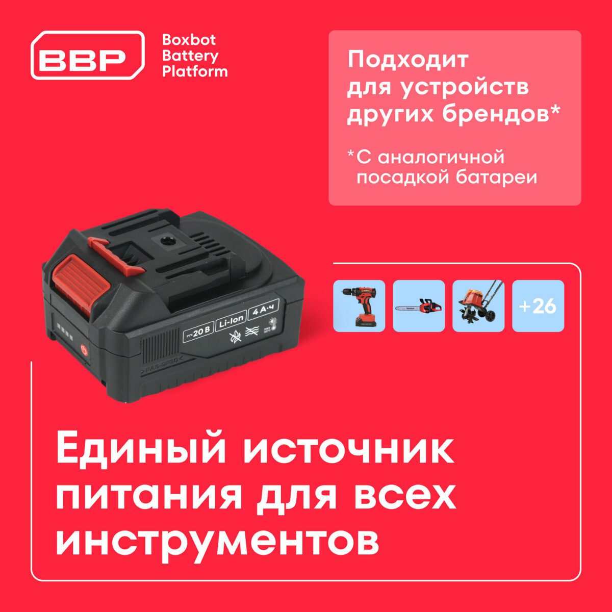 Аккумулятор BBP 20В с ёмкостью 4А·ч, совместимый с шуруповёртами, триммерами, цепными пилами и другими инструментами