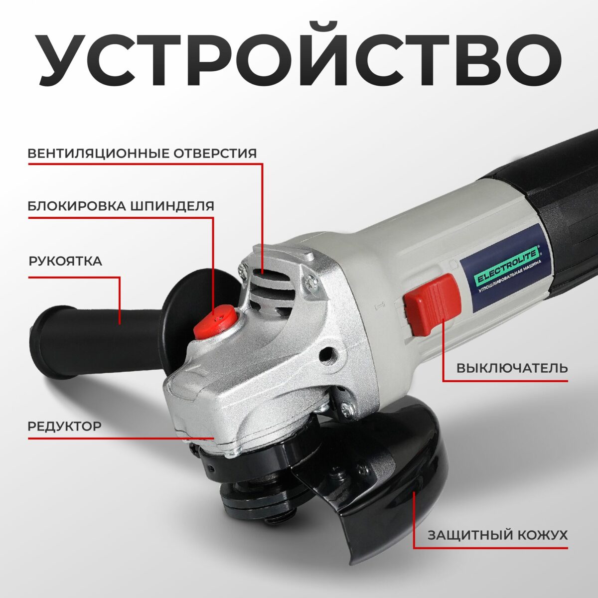Углошлифовальная машина Electrolite с вентиляционными отверстиями, защитным кожухом, блокировкой шпинделя, металлическим редуктором, рукояткой и выключателем