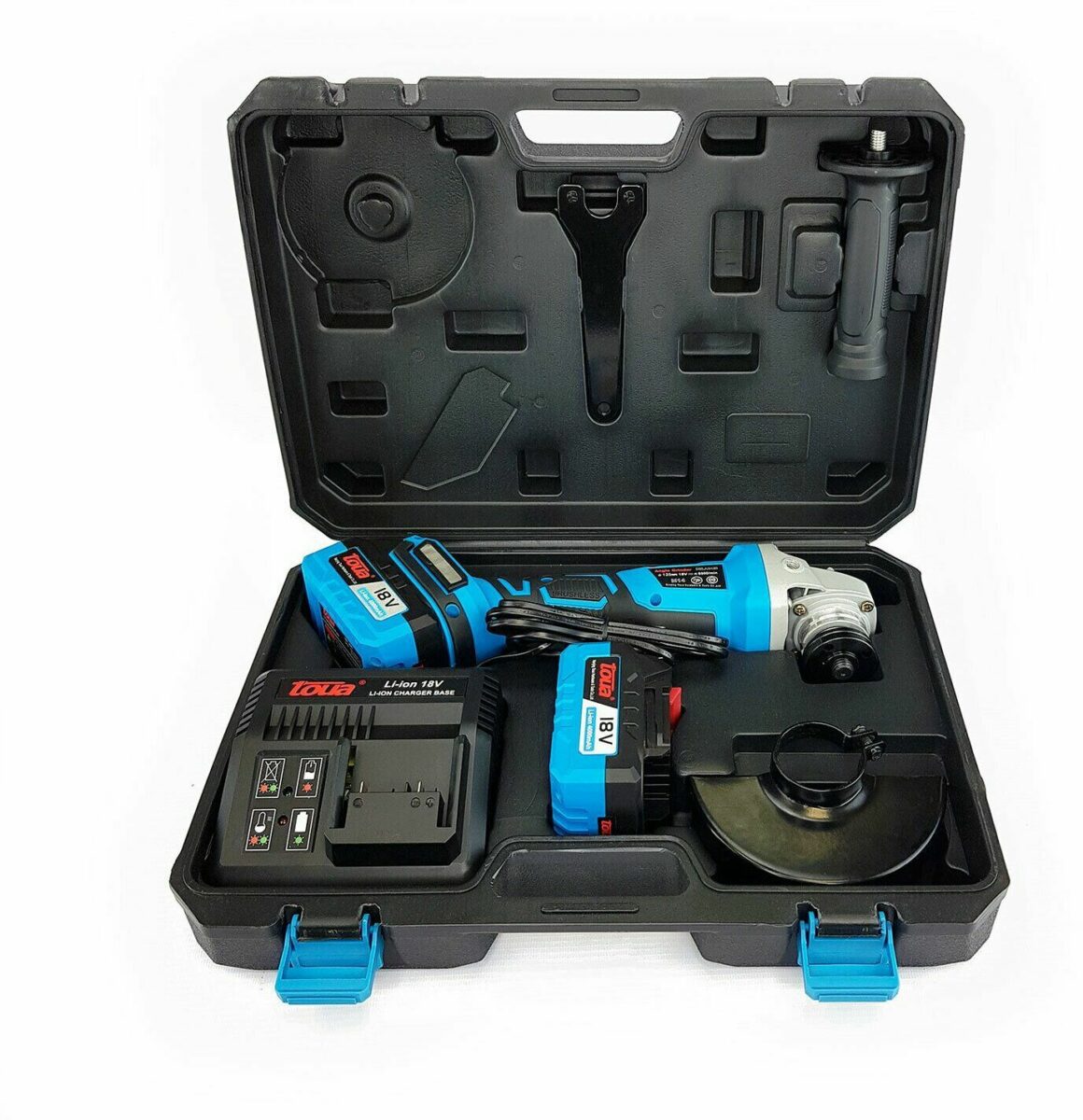 Комплект угловой шлифовальной машины с аккумуляторными батареями Li-Ion 18V, зарядным устройством, кейсом и аксессуарами