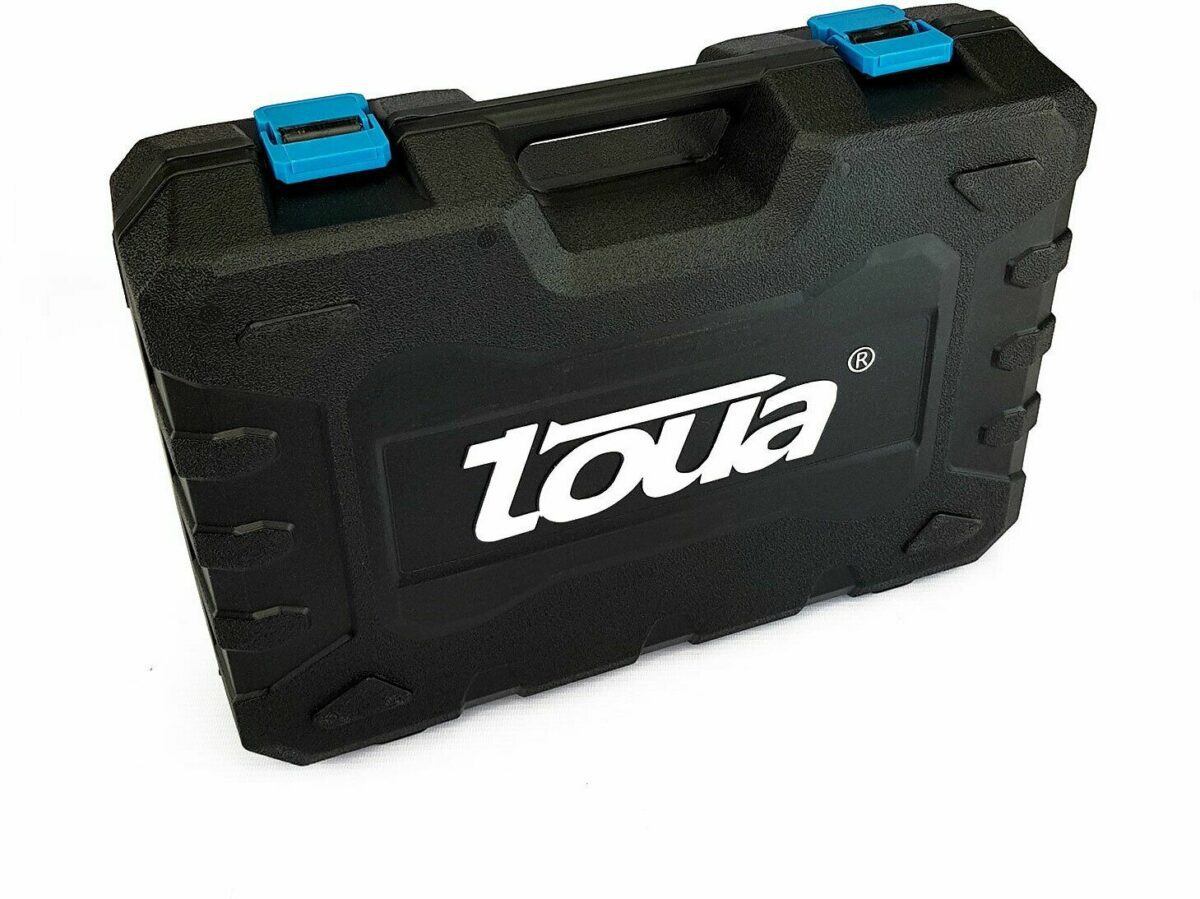 Черный кейс из пластика с логотипом Toua, оснащенный эргономичной ручкой и голубыми защелками