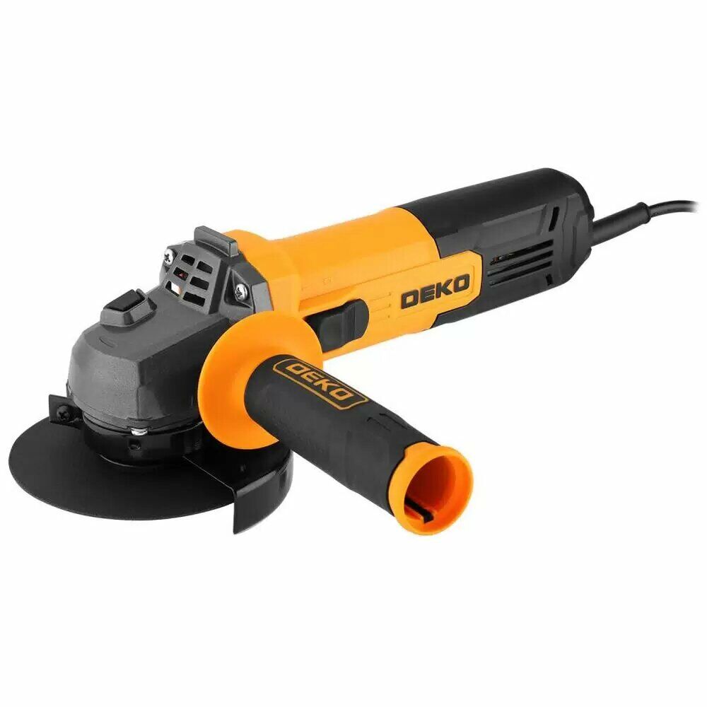 Угловая шлифовальная машина DEKO с жёлто-черным дизайном, логотипом и дополнительной рукояткой