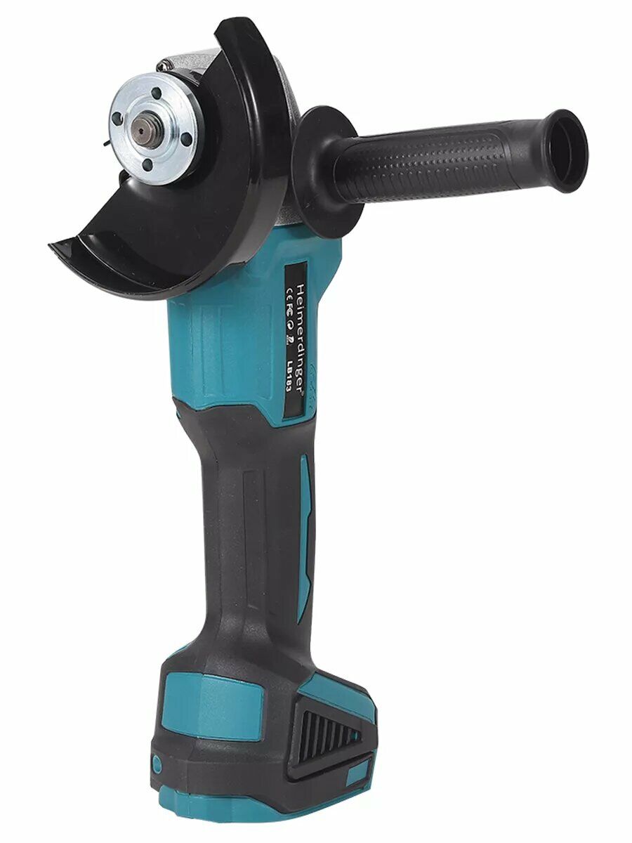 Угловая шлифовальная машина Helmerdinger L1353 с защитным кожухом, боковой рукояткой и слотом для аккумулятора в черно-бирюзовом исполнении
