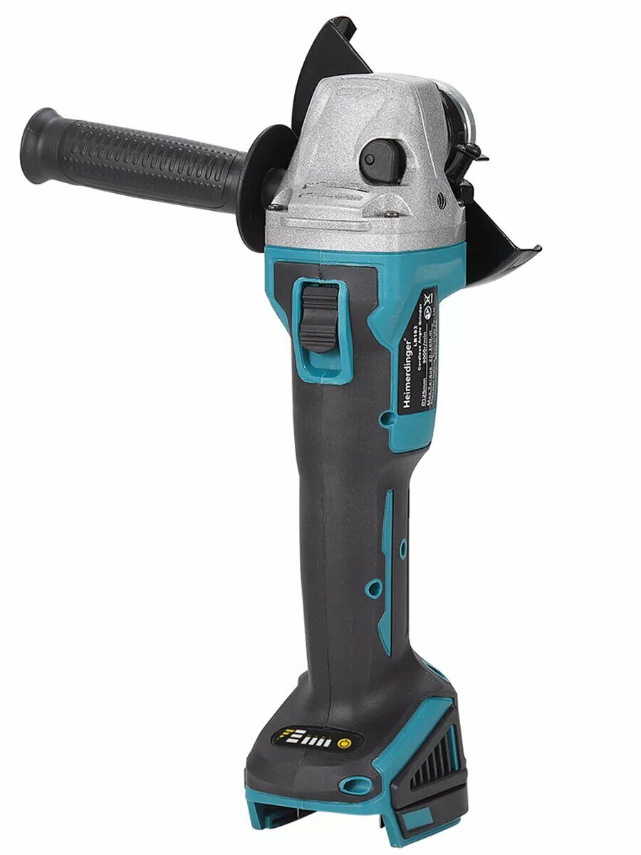 Аккумуляторная угловая шлифовальная машина Heimwerker с черным и бирюзовым корпусом, эргономичная рукоятка и индикатор заряда