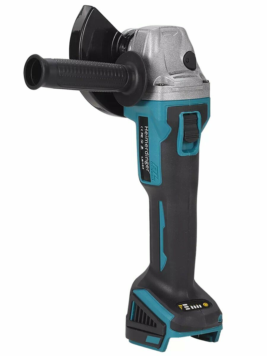 Болгарка Heimerdinger, аккумуляторная углошлифовальная машина черно-синего цвета с боковой ручкой и светодиодным индикатором заряда