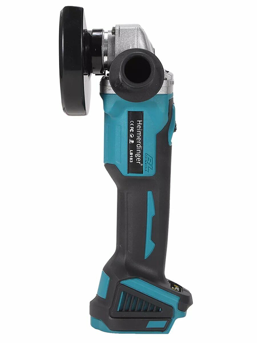 Аккумуляторная углошлифовальная машина Heimerdinger LB33 чёрно-бирюзового цвета с боковой ручкой и безопасной прорезиненной конструкцией