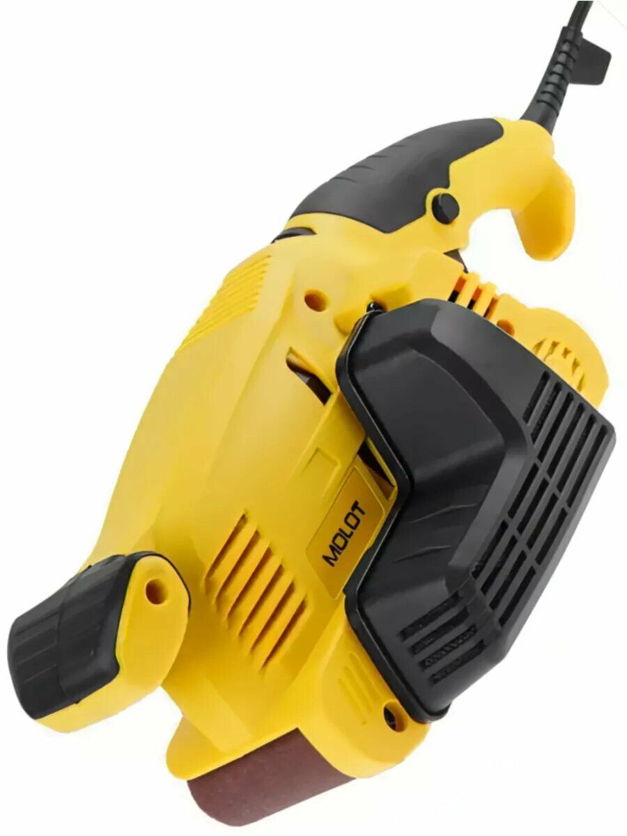 Желтая ленточно-шлифовальная машина MOLOT с черными элементами, удобной рельефной ручкой и вентиляционными отверстиями