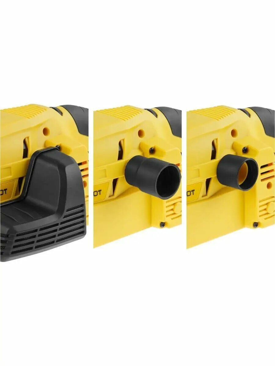 Электрический инструмент желтого цвета с возможностью подключения к системе пылеудаления через три разных насадки