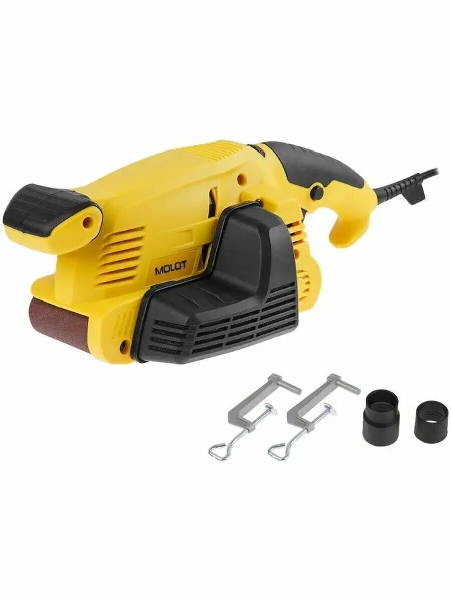 Ленточная шлифовальная машина желтого цвета Molot с фиксаторами и переходниками