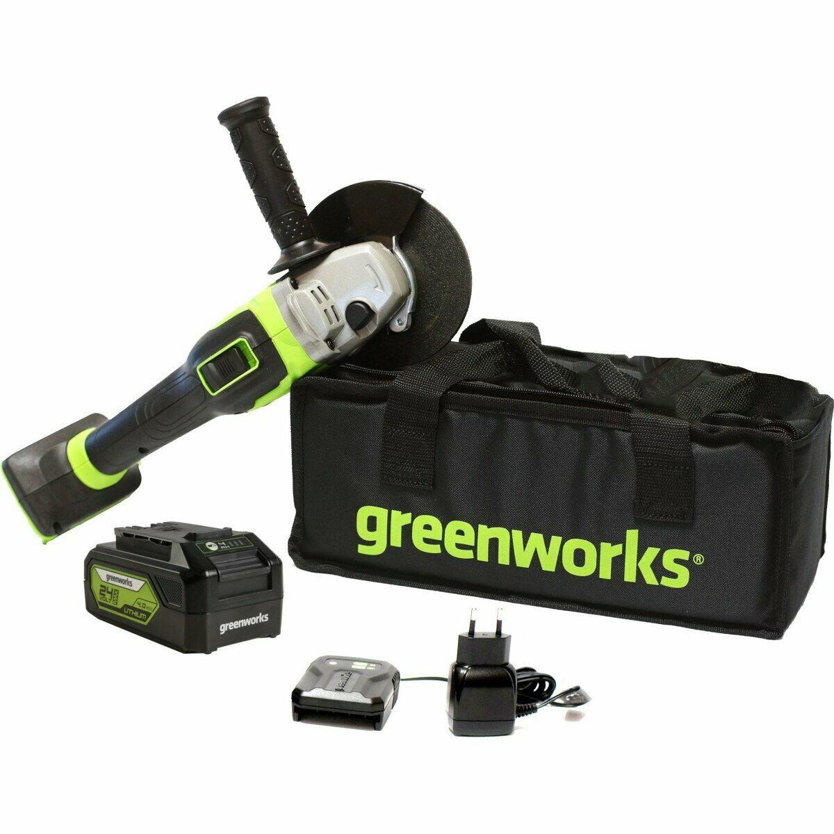 Угловая шлифовальная машина Greenworks 24V с аккумулятором, зарядным устройством и сумкой для хранения