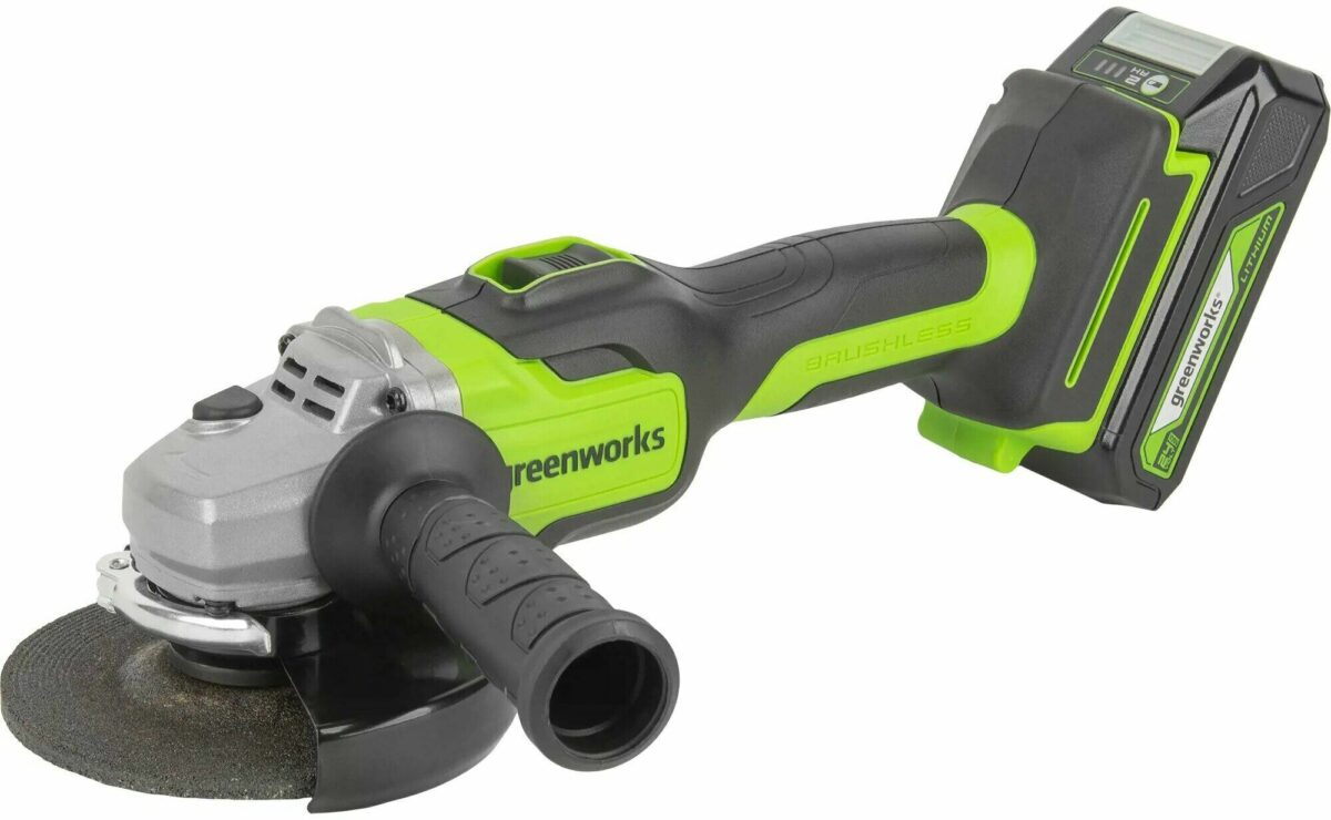 Бесщеточная аккумуляторная углошлифовальная машина Greenworks 24V с удобной рукояткой и боковой ручкой
