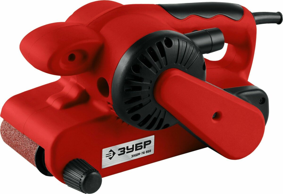 Ленточная шлифовальная машина Зубр ЗЛШМ-76-950, красного цвета с черными элементами, компактная и удобная