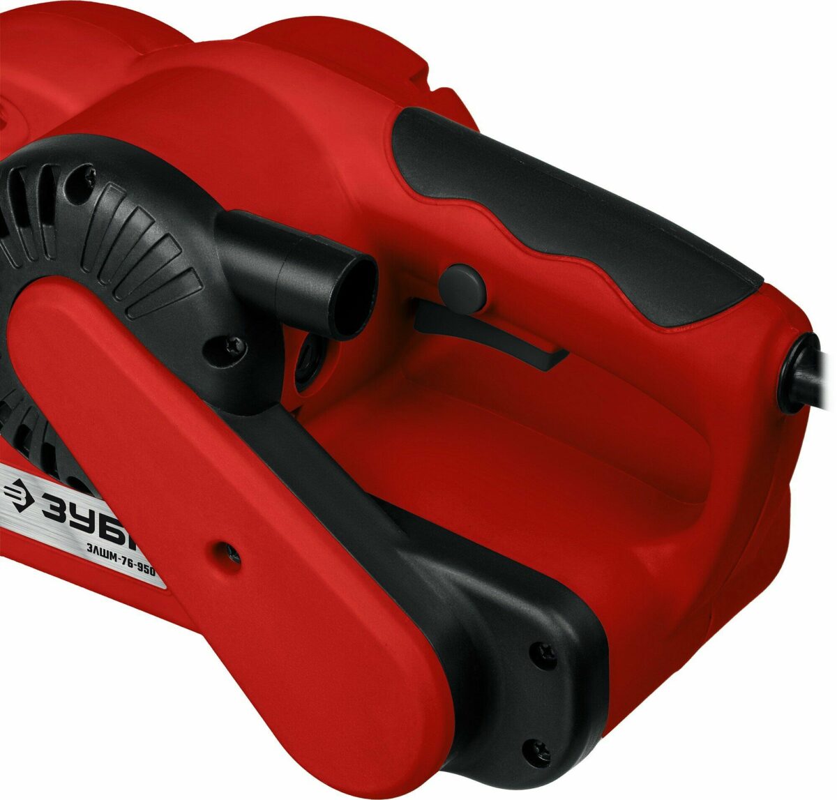 Ленточный шлифовальный станок ЗУБР ЗЛШМ-76-950 с красно-черным корпусом, удобной прорезиненной рукояткой и патрубком для пылесборника
