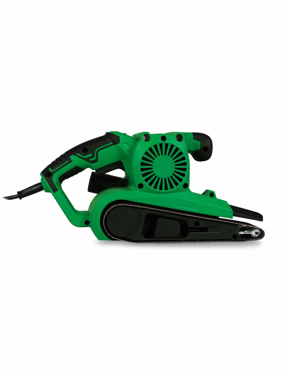 Ленточный шлифовальный станок зеленого цвета с вентиляцией, прорезиненной ручкой и указателем направления ленты