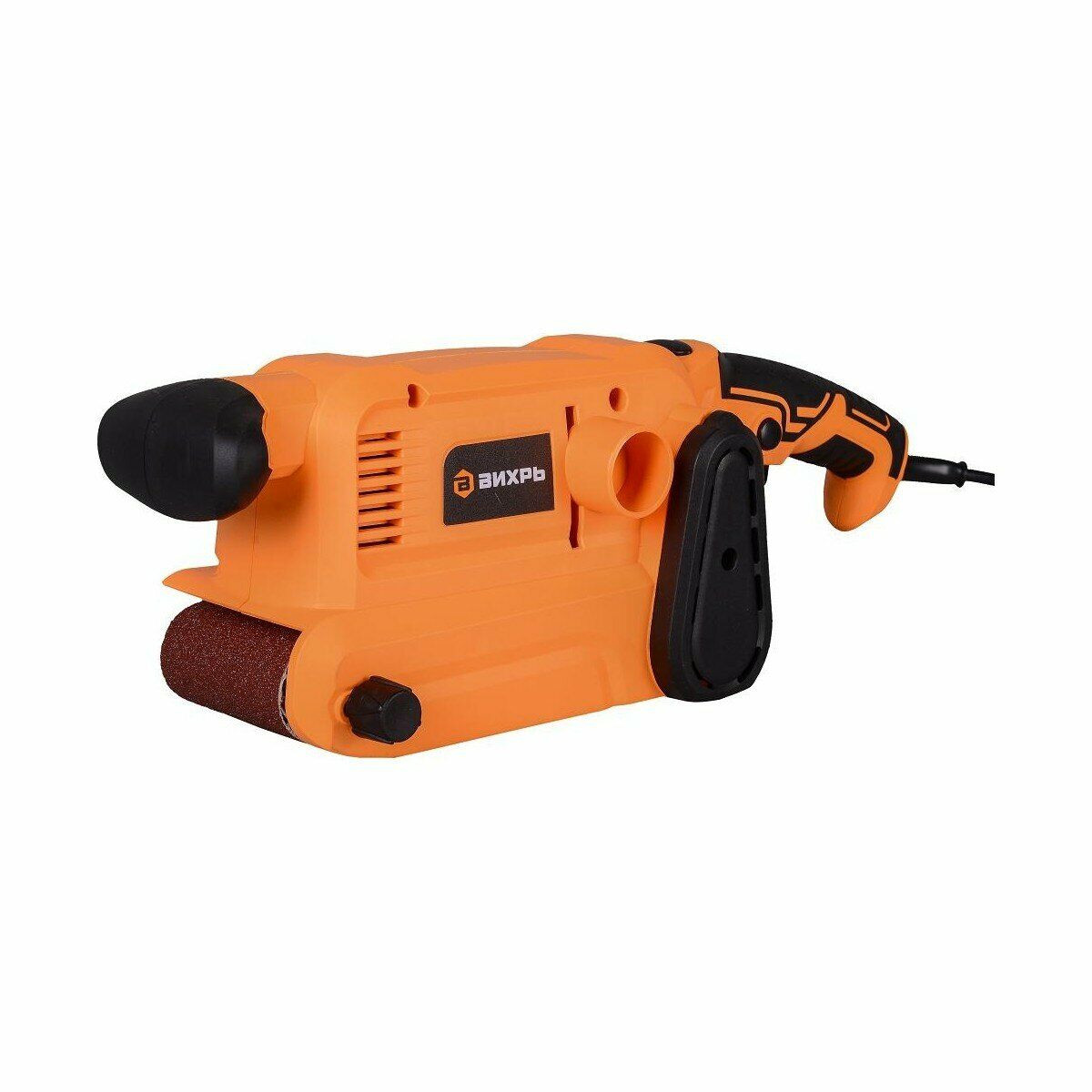 Оранжевая ленточная шлифовальная машина Вихрь с черными элементами корпуса, шлифовальной лентой и системой сбора пыли