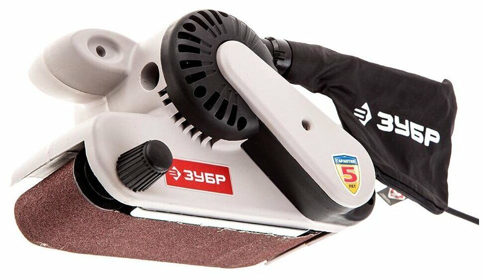 Ленточная шлифовальная машина бренда Зубр с пылесборником, корпус белый с черным и красным, гарантия 5 лет