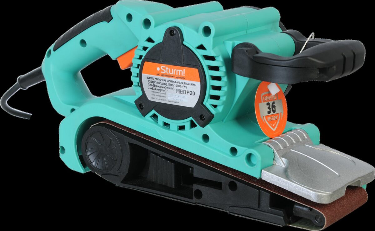 Ленточная шлифовальная машина Sturm BS8511U с мощностью 1100 Вт, скоростью ленты 120–380 м/мин и размером ленты 75x533 мм