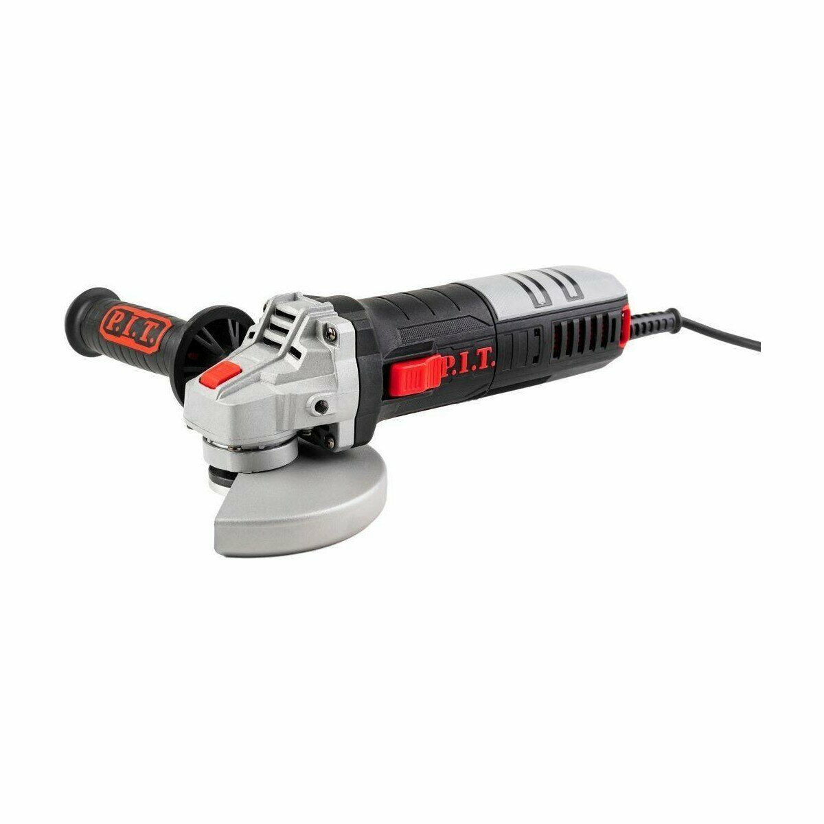 Угловая шлифовальная машина P.I.T. с боковой ручкой, защитным кожухом и корпусом черно-серого цвета с красными элементами