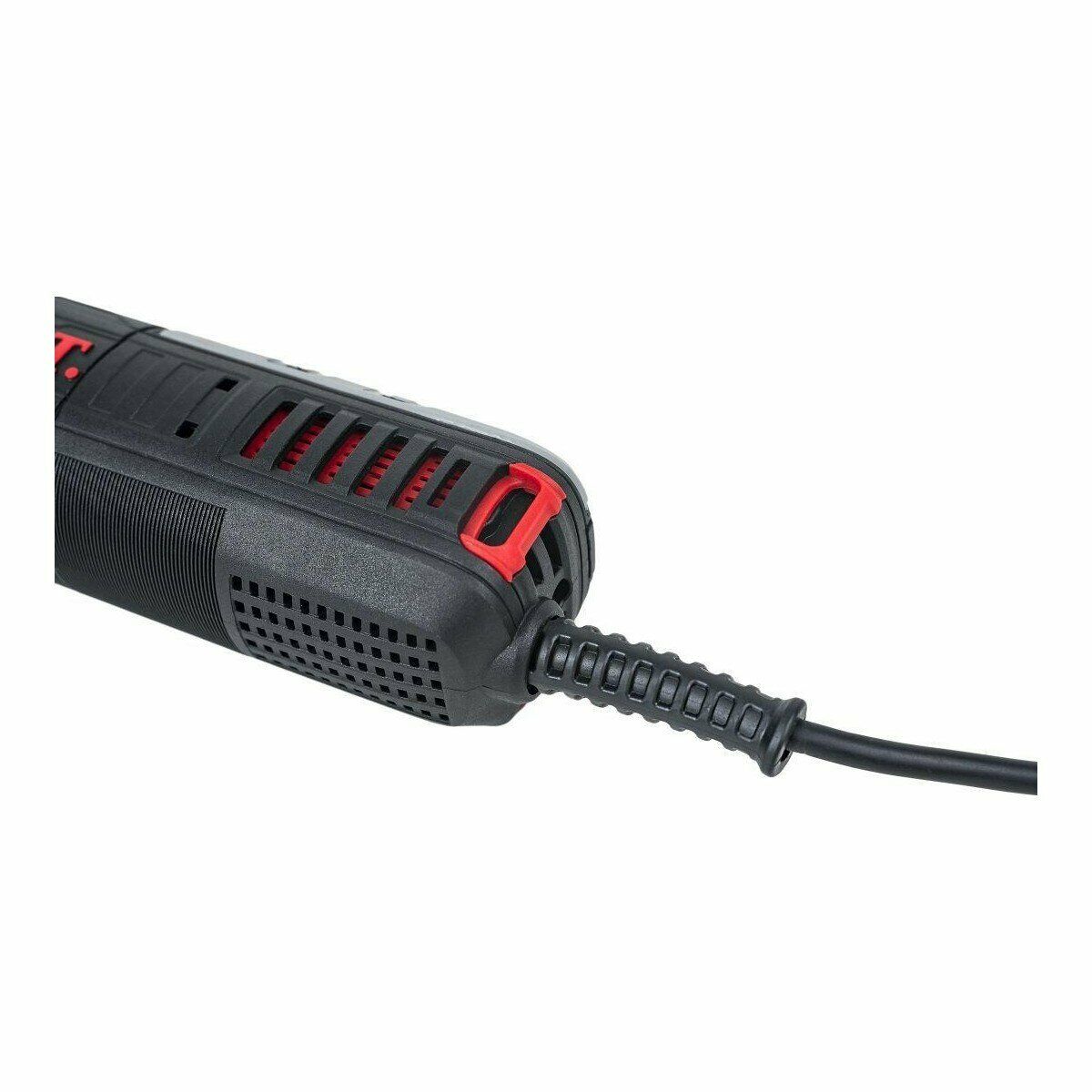 Черный пластиковый корпус электроинструмента с красной петлей для подвешивания, вентиляционными отверстиями и проводом с усиленной защитой у основания