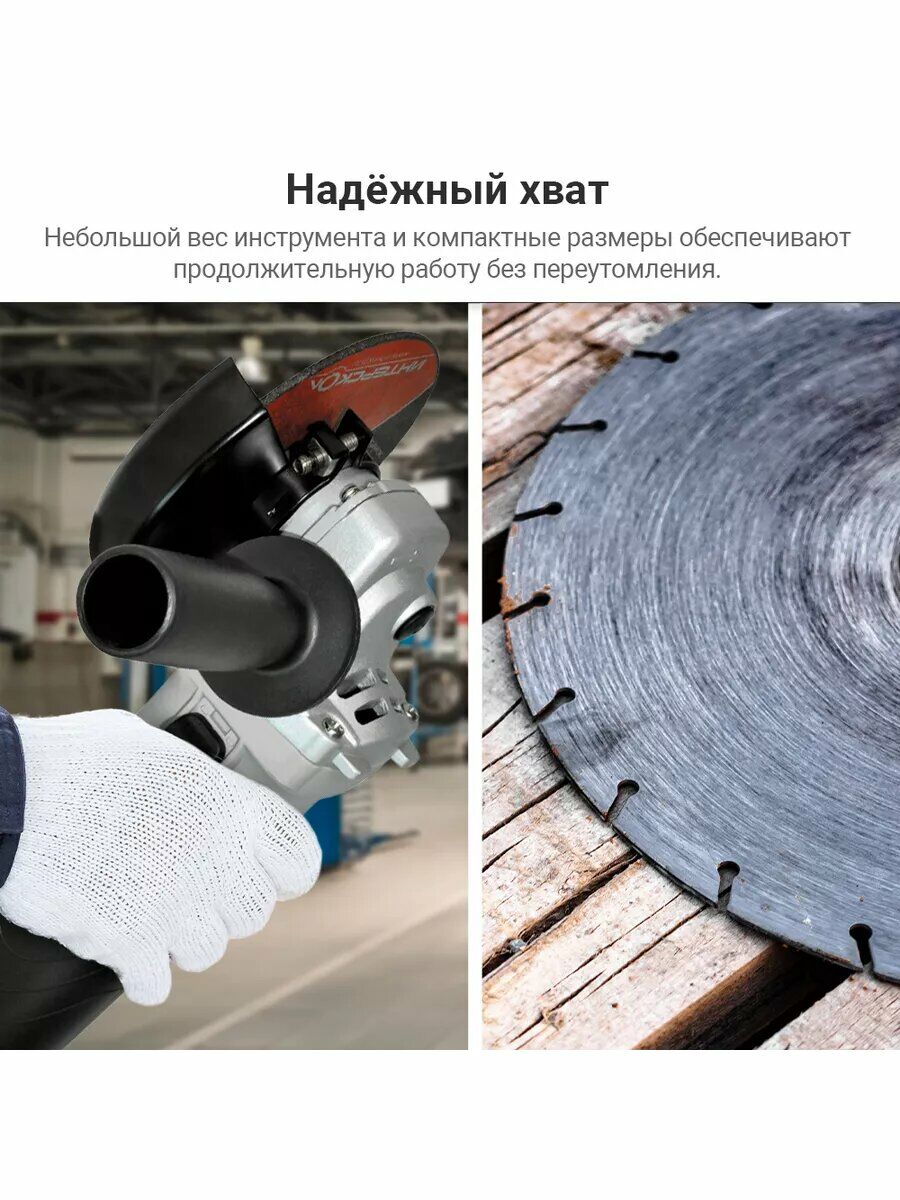 Углошлифовальная машина с диском для резки в руках человека в защитной перчатке, компактный инструмент с эргономичным захватом