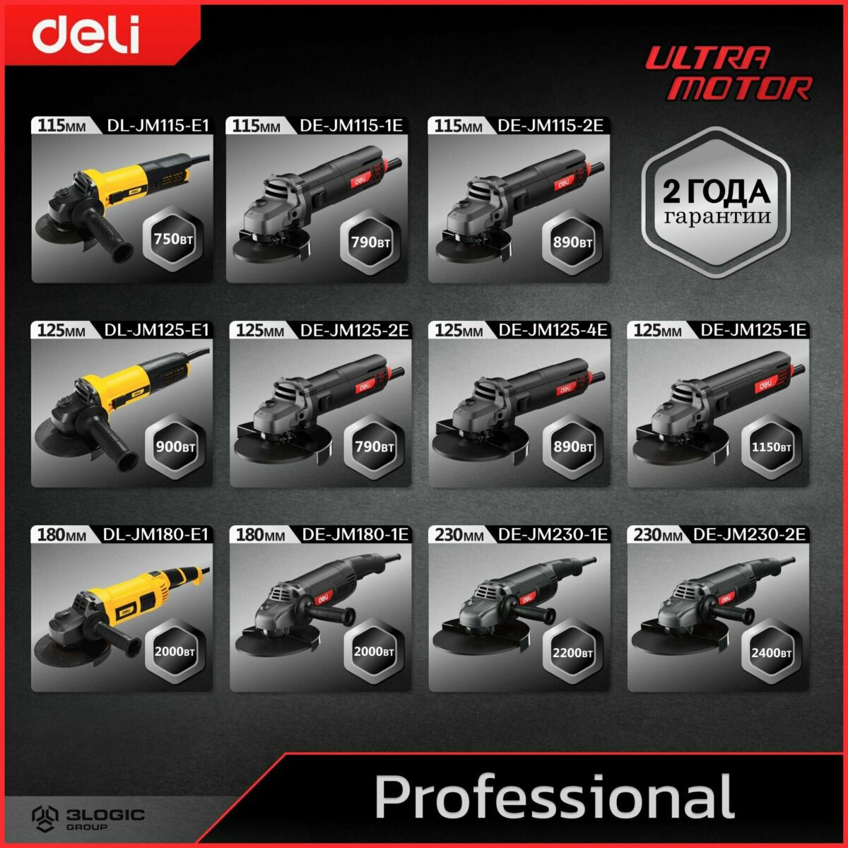 Углошлифовальные машины Deli Ultra Motor различных размеров и моделей, разнообразные мощности для профессионального использования