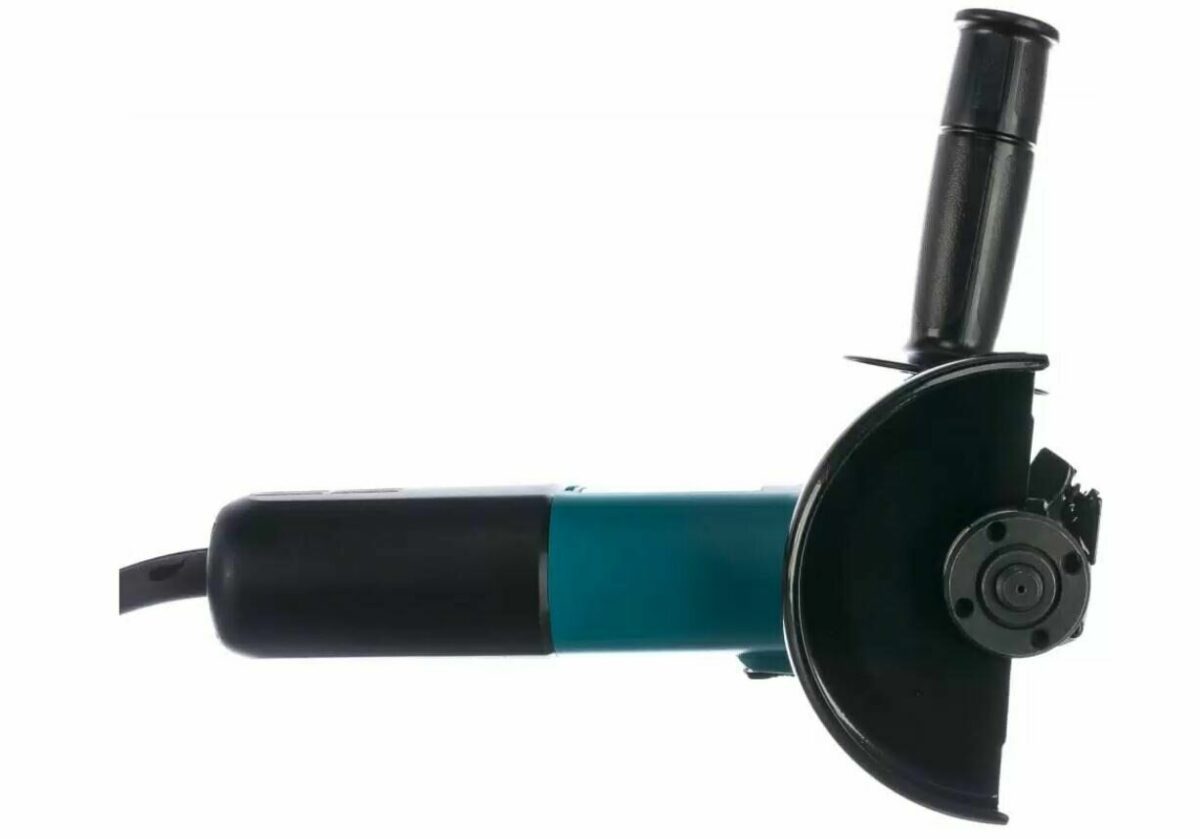 Угловая шлифовальная машина с черным и синим корпусом, защитным кожухом, боковой ручкой и креплением для диска