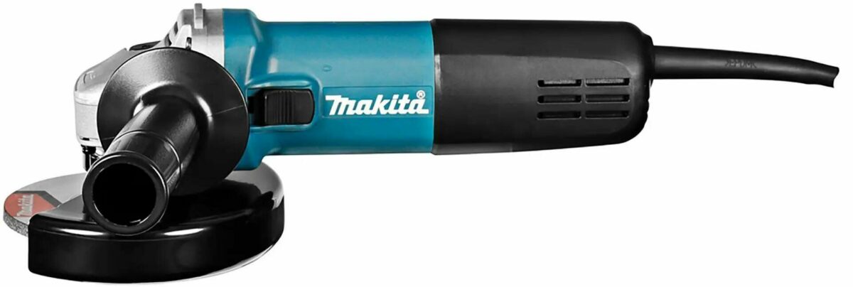 Углошлифовальная машина Makita с голубым и черным корпусом, защитной крышкой диска и сетевым питанием
