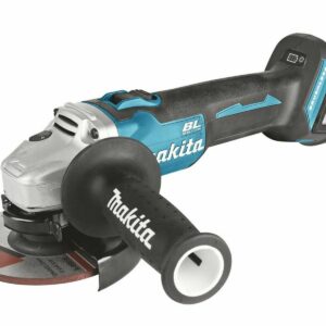 Аккумуляторная угловая шлифовальная машина Makita с бесщеточным мотором, дополненной защитным кожухом и удобной рукояткой