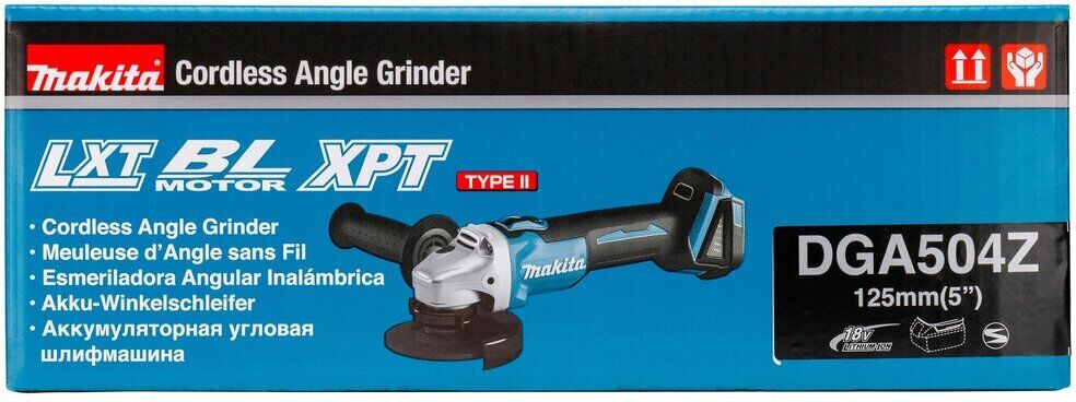 Упаковка аккумуляторной угловой шлифмашины Makita DGA504Z с литий-ионной технологией и диаметром диска 125 мм